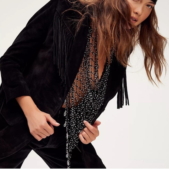 [🌟 PRICE FIRM] Free People Black Marlboro Fringe Genuine Leather Blazer Jacket - Picture 5 of 16